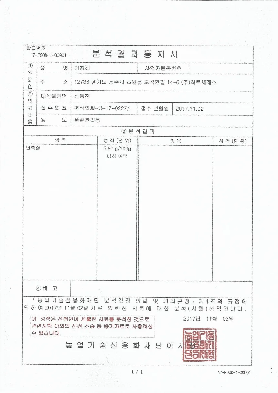 Protein Analysis Report (Ag. Tech. Commercialization Foundation, 2017.11.03) — Sample: Sindongjin rice, Gimje 2017. Result: Protein 5.80 g/100g.